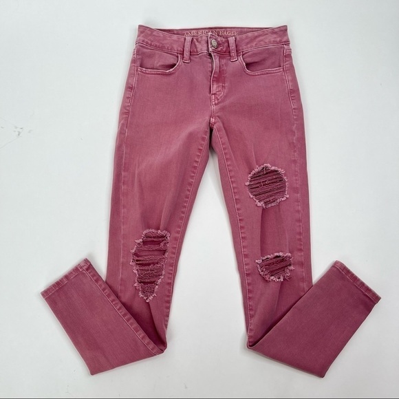 American EAGLE Pink Distressed Next Level Stretch Midrise Jegging Skinny Jeans - Picture 1 of 14
